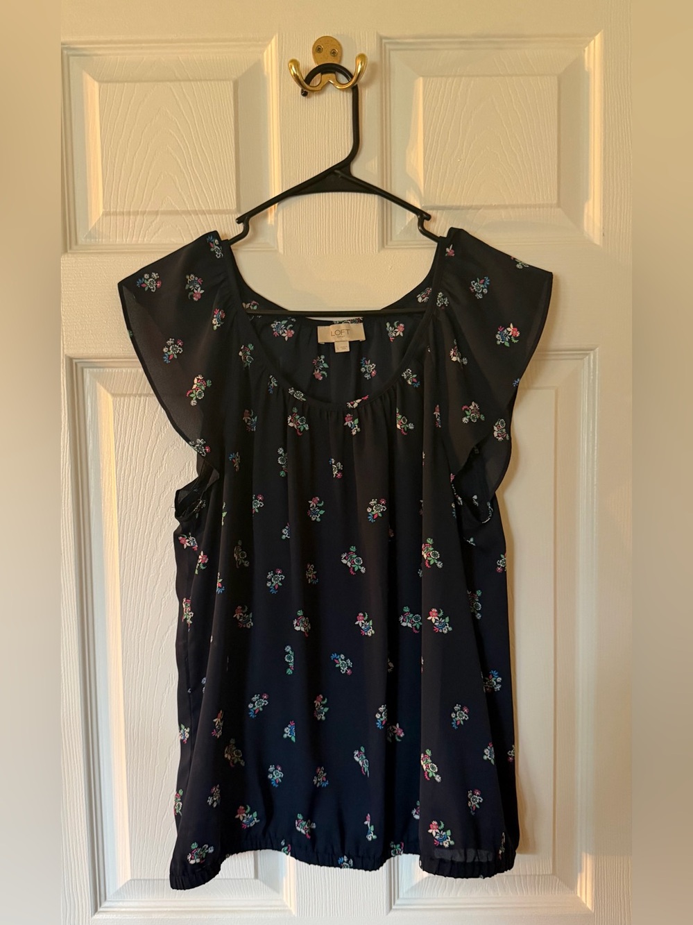 LOFT Navy Floral Flutter Sleeve Blouse